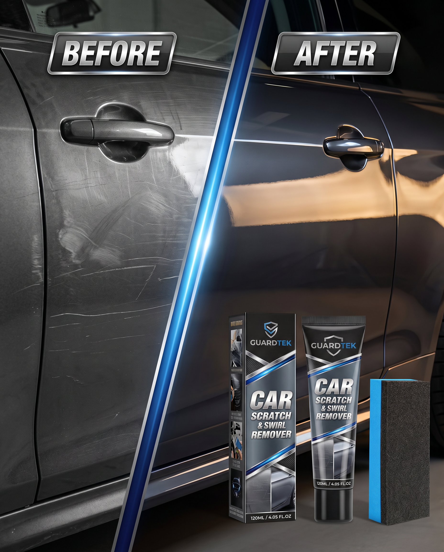 Before and After — vertical split showing scratch removal on car door