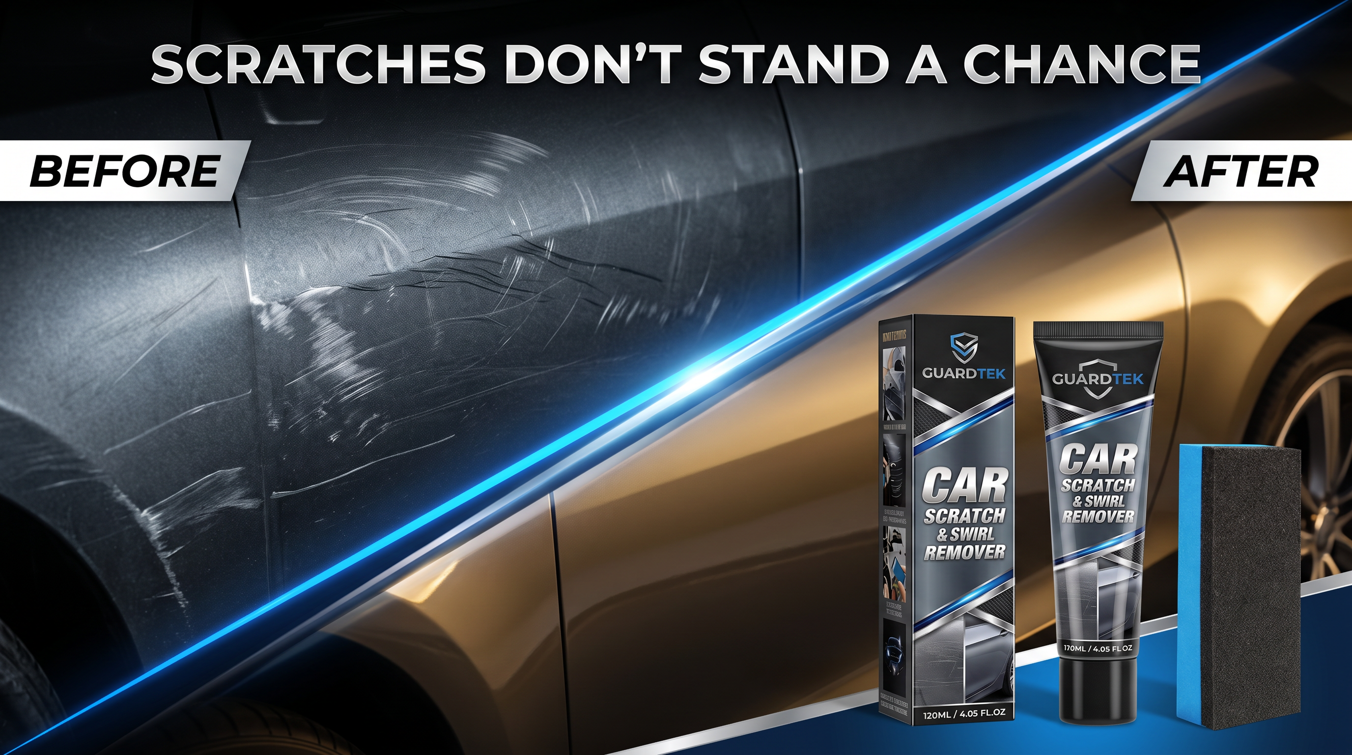 Scratches Don't Stand a Chance — wide before and after comparison with product