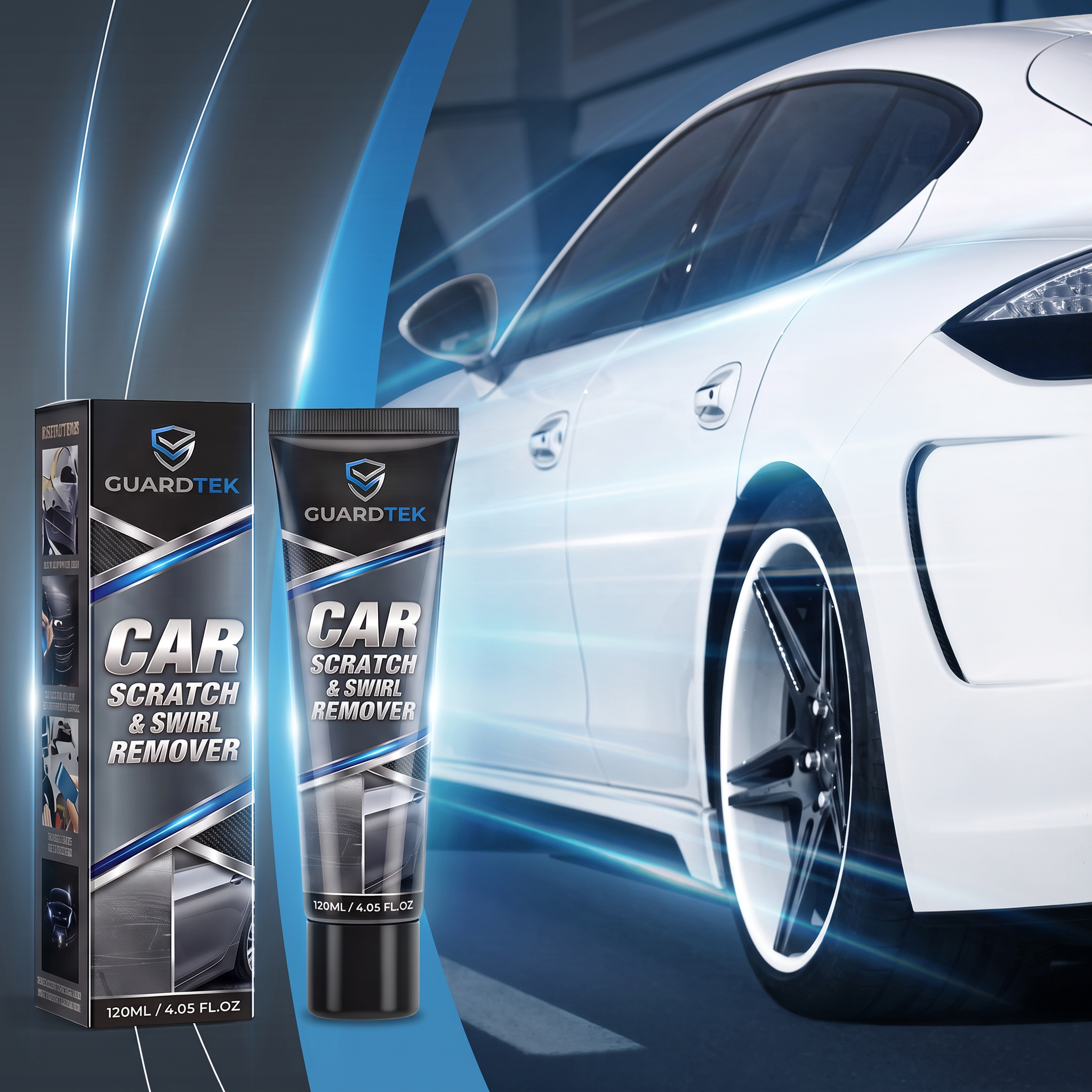 GuardTek Scratch Remover with white sports car — lifestyle product shot